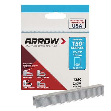 Arrow Fastener Heavy Duty Staples, T50, 18 ga, Flat Crown, 17/32 in Leg L, Steel, 1250 PK 50CT24